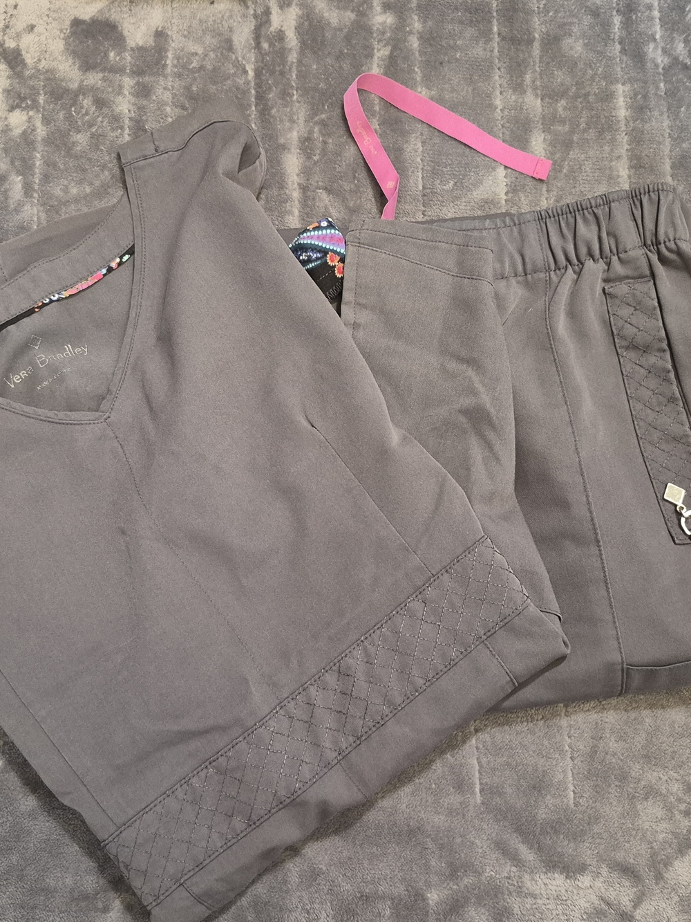 Vera Bradley Gray Scrub Set with Pink Tie Accent